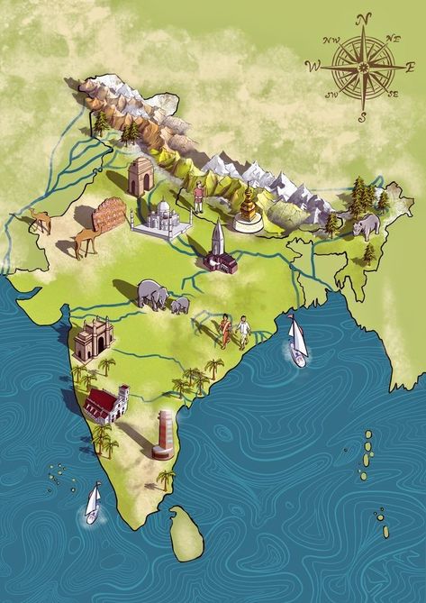 India Illustration Map, India Map Illustration Art, India Map Drawing Art, India Animated, India Map Illustration, Creative India, Indian Map, Travel India Beautiful Places, Sea Map