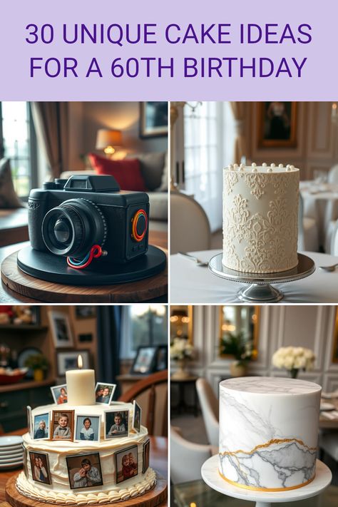 Explore 30 creative cake ideas for a 60th birthday celebration, featuring classic movie-inspired, elegant lace and pearls styles, and memory lane photo collage designs. The pin uses 4 captivating images to inspire your party planning. Elegant Cake Designs Birthday, 60 Birthday Cake For Men, Unique Cake Ideas, 60th Birthday Cake For Men, Creative Cake Ideas, 40th Birthday Cakes For Men, Pearls Cake, Elegant Cake Design, 60th Birthday Cake