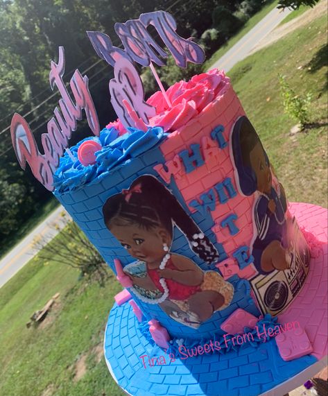 Pink and Blue gender reveal cake Blue Gender Reveal Cake, Beauty Or Beats Gender Reveal, Pink And Blue Gender Reveal, Blue Gender Reveal, Toddler Themes, Family Cake, Couple Pregnancy Photoshoot, Babies Stuff, Blue’s Clues