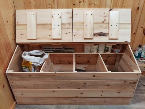 Feed Bins For Horses, Feed And Tack Room Ideas, Feed Storage Ideas Livestock, Feed Room Organization, Horse Feed Storage, Horse Feed Room, Tack Room Organization, Feed Room, Horse Tack Rooms