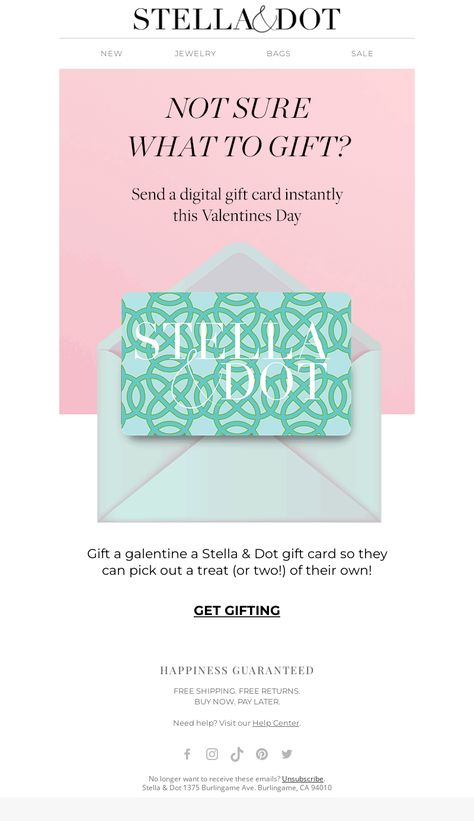 An awesome Gift cards email example from Stella & Dot. View 100+ more email templates and examples and get inspiration for your next email design with MailCharts! #EmailDesign #EmailMarketing #EmailInspiration #GiftCardsEmail Gift Card Email Design, Salon Gift Card, Email Examples, Email Marketing Campaign, Marketing Campaign, Email Design, Email Templates, Digital Gift Card, Stella And Dot