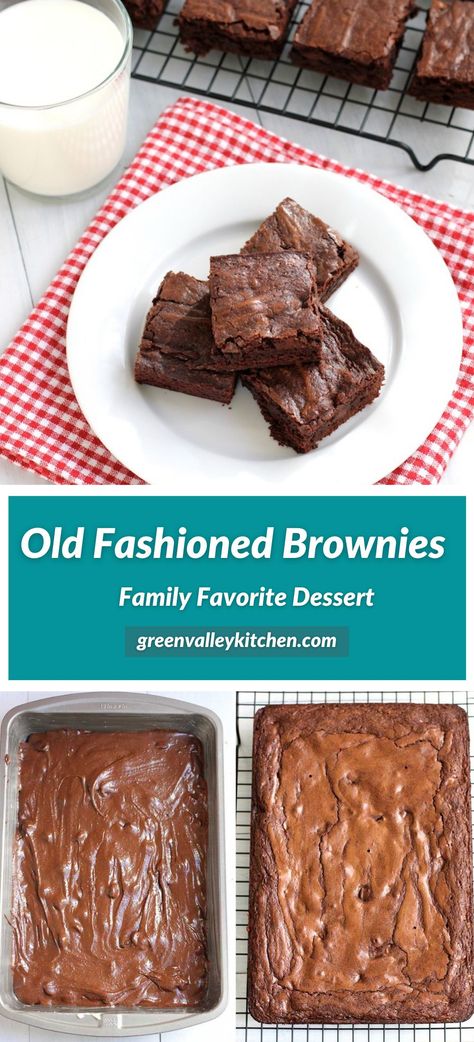 Old fashioned brownies are rich, dark chocolate brownies with a soft chewy center, firm edges and a crackly top. Easy and simple to make using just one bowl. A family favorite! Valley Kitchen, Dark Chocolate Brownie, Brownies Recipe Homemade, Dark Chocolate Brownies, Blondie Brownies, Green Valley, Delicious Vegetarian, Old Fashion, Dark Chocolate Chips