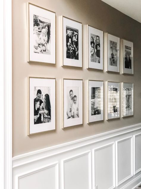 Wainscoting And Gallery Wall, Pictures In Hallway Ideas, Wedding Photos Wall Display, Gallery Wall 6 Frames, Photo Wall Hallway, Gold Frames On Wall, Display Wedding Photos At Home, Empty Wall In Kitchen, Pic Collage On Wall