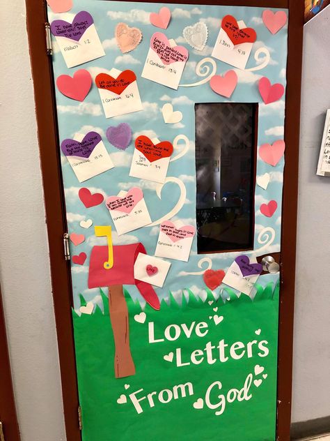 Love letters from God Valentine’s Day classroom door. Love Door Decorations Classroom, Love Letters From God For Kids, Valentine’s Day Church Decor, Valentines Daycare Door, Love Letters From God Bulletin Board, Love Sunday School Craft, Christian School Door Decorations, Valentine Bulletin Boards For Church, Christian Classroom Door Ideas