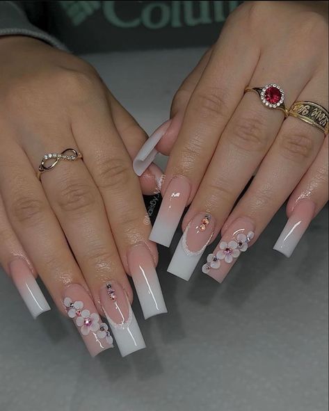 Medium Nails With Gems, White Spring Nails Acrylic, Marble French Nails, White Nails With Rhinestones, Nail Suggestions, Nails Marble, Nails Salon, Long Acrylic Nails Coffin, Acrylic Nails Coffin Pink