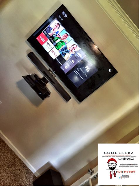 TV and soundbar mounted with floating shelf for Xbox one and directv.  #Coolgeekzatl #tvmounting #hometheater #videosurveillance #atlanta coolgeekzatl.com Playstation Floating Shelf, Sound Bar Mount, Tv Setup, Soundbar Tv, Room Placement, Floating Tv Shelf, Hanging Tv, Small Game Rooms, Mens Bedroom Decor