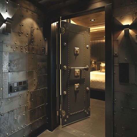 Discover the ultimate in security and style with our industrial panic room. The doorway, adorned with black metal and brass details, leads into a luxuriously rugged bedroom. A bed, reminiscent of Banksy's art, sits within a massive, vault-like space, showcasing heavy metal plates and multiple locks for maximum security. Under House Bunker Safe Room, Luxury Secret Room, Wreck Room Ideas Basements, Safe Room Ideas In House, Basement Bunker Safe Room, Safe Room Ideas Hidden, Safe Room Aesthetic, Built In Safe Room, Industrial Luxury Bedroom