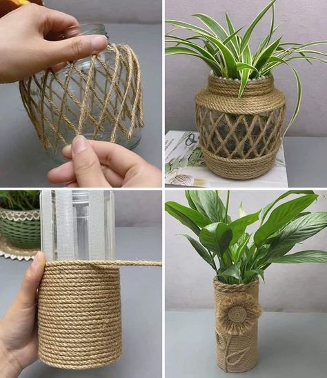 Twine Vase, Flower Vase Ideas, Diy Flower Vase, Flower Vase Crafts, Rope Craft Ideas, Jute Flowers, Twine Crafts, Stones Aesthetic, Craft From Waste Material