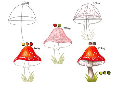 Mushroom In Grass Drawing, Mushroom Hats Drawings, How To Color Mushrooms, Mushroom Watercolor Paintings Easy, How To Paint Mushrooms, Red Mushroom Drawing, Mushroom Drawing Tutorial, Mushroom Watercolor Paintings, Watercolor Mushroom Painting