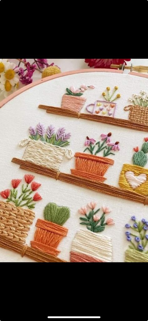 Flower Pot Embroidery, Garden Embroidery, Diy Embroidery Designs, Miniature Plants, Hand Embroidery Projects, Pot Designs, Summer Projects, Embroidery For Beginners, Embroidery Tutorials