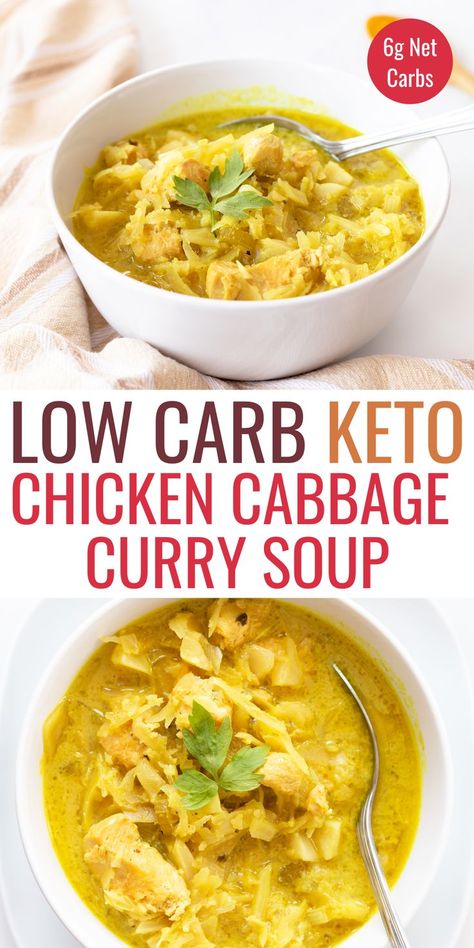 This chicken cabbage soup with curry and turmeric is a nutritious dish that’s packed with flavor! It only takes 10 minutes to prep and can be made in the Instant Pot or on the stove. Chicken Cabbage Soup, Instapot Soup Recipes, Curry Cabbage, Soup With Curry, Crockpot Cabbage Recipes, Soup Cabbage, Low Carb Chicken Soup, Cabbage Curry, Curried Cauliflower Soup