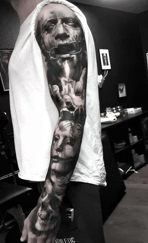 Chest Neck Tattoo, Best Leg Tattoos, Surreal Tattoo, Skull Sleeve Tattoos, Ancient Tattoo, Realistic Tattoo Sleeve, Men Tattoos Arm Sleeve, Scary Tattoos, Chest Piece Tattoos