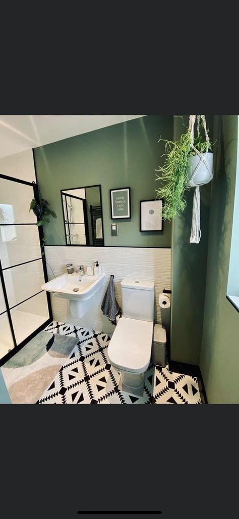 Small Shower Room Ideas Green, Sage Green Black Bathroom, Sage Green And White Tile Bathroom, Black White Gray Green Bathroom, Partially Tiled Bathroom, Sage Green Black Cream Bathroom, Black White And Sage Bathroom, New Build Bathroom Ideas Uk, Green White Black Bathroom