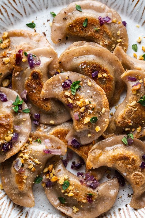 Vegan gluten-free pierogi with mushrooms - Lazy Cat Kitchen Gluten Free Pierogies, Lazy Cat Kitchen, Mustard Dip, Gluten Free Dough, Cat Kitchen, Fried Shallots, Dinner Guest, Lazy Cat, Chocolate Tart