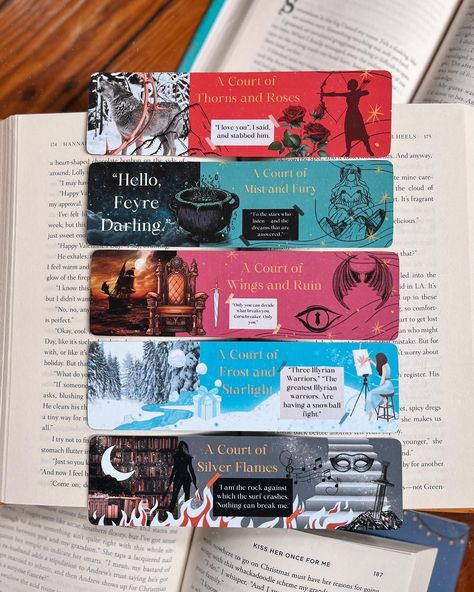 ✨NEW ACOTAR Bookmarks are up on my Etsy 🐺🌹🌌👑❄️🔥 I had such a fun time creating these trying to capture the theme and mood of each book in the series! Which one is your favorite?! . . . . #acotar #acotarseries #acourtofthornsandroses #acourtofmistandfury #acourtofwingsandruin #acourtoffrostandstarlight #acourtofsilverflames #nestaarcheron #feyrearcheron #feyreandrhysand #rhysand #rhysandfeyre #thenightcourt #velaris #etsy #etsyshop #etsyseller #etsyfinds #etsysellersofinstagram #etsyhandmad... Acotar Bookmarks, Fantasy Bookmarks, Feyre And Rhysand, Clay Things, A Court Of Wings And Ruin, A Court Of Mist And Fury, Book Marks, Blind Dates, Sarah J