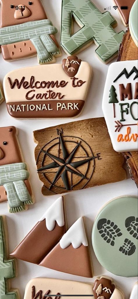 National Park Cupcakes, National Park Cookies, Hiking Themed Party, National Park Birthday Cookies, One Happy Camper Cookies, National Park Baby Shower Cookies, Hiking Cookies, Let The Adventure Begin Cookies, Camp Theme Cookies