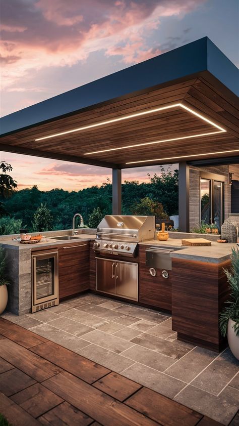 Modern outdoor kitchen with stainless steel grill, sleek wooden cabinetry, island with built-in sink, mini-fridge, and contemporary wooden pergola Outdoor Kitchen With Bar Seating, Outdoor Kitchen With Bar, Kitchen With Bar, Summer House Design, Beach Inspired Decor, Modern Outdoor Kitchen, Steel Grill, Outdoor Bbq Kitchen, Backyard Kitchen