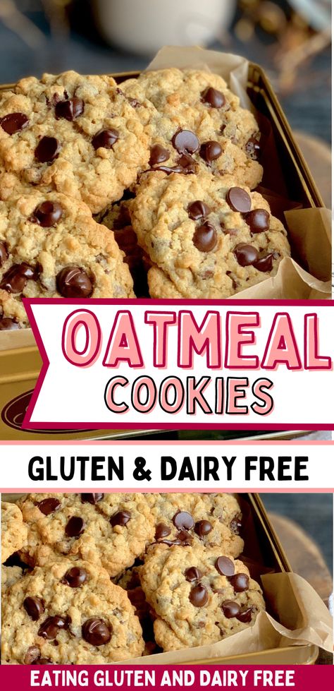 Two images of chocolate chip oatmeal cookies with text overlay. Dairy Free Oatmeal Chocolate Chip Cookie, Dairy Free Gluten Free Oatmeal Chocolate Chip Cookies, Gluten Free Chocolate Chip Cookies Almond Flour, Gluten Free Dairy Free Oatmeal Cookies, Gluten Free Dairy Free Chocolate Chip Cookies, Chewy Gluten Free Cookies, Gf Oatmeal Chocolate Chip Cookies, Gluten Free Cookies Chocolate Chip, Dairy Free Oatmeal Cookies