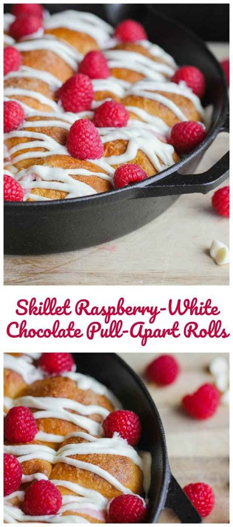 Skillet Raspberry-White Chocolate Pull-Apart Rolls - Get the skillet out!  These fluffy, mouth-watering sweet pull-apart cream cheese and raspberry stuffed rolls are topped with drizzles of white chocolate and fresh raspberries.  It's gorgeous enough for a special-occasion brunch but easy enough to make any weekend you please. #breakfast #brunch #pillsbury #pillsburypartner #skillet #sponsored #raspberry #stuffed Stuffed Rolls, Homemade Coffee Cake, Fruit Desserts Easy, Mothers Day Desserts, Raspberry White Chocolate, Cookie Brownie, Flaky Biscuits, Fruit Dessert Recipes, Biscuit Bake