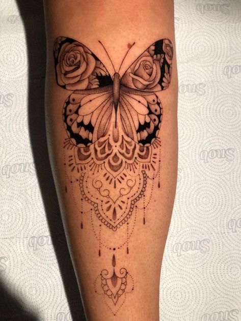 Pretty Leg Tattoos For Women, Mandala Butterfly Tattoo, Butterfly Mandala Tattoo, Mandala Tattoo Leg, Butterfly Leg Tattoos, Calf Tattoos For Women, Mandala Tattoos For Women, Line Tattoo Ideas, Hip Thigh Tattoos