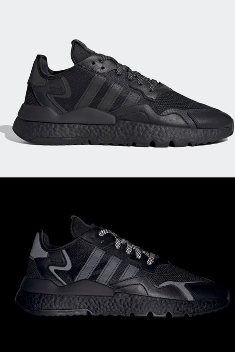 adidas Originals is set to release a “Triple Black” rendition of the Nite Jogger during the month of June. This offering of the adidas Nite Jogger sports a full Core Black color blocking constructed with a mesh upper and leather overlays. Highlighting the shoe are reflective detailing allowing you to run safety at night. #adidasshoes Adidas Nite Jogger, Nite Jogger, Month Of June, Gym Outfits, Triple Black, New Sneakers, Gym Outfit, Adidas Shoes, All Black Sneakers