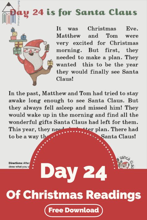 FREE PRINTABLE WORKSHEET  Day 24 of Christmas Readings In this Christmas story, kids read about Santa Claus and write the story ending! https://primarylearning.org/worksheet/day-24-of-christmas-readings/?utm_source=pinterest&utm_medium=social&utm_campaign=christmas_readings&utm_term=day_24  #25DaysOfChristmasReadings #reading #writing #worksheets Christmas Hidden Pictures, Christmas Readings, Santa Claus Story, Winter Worksheets, Story Kids, Free Homeschool Resources, Christmas Reading, Teacher Lessons, Kids English