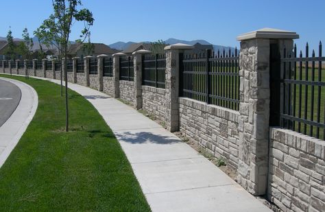 Privacy Fencing - Concrete Walls with Realistic Stone Texture and Color Fence Gates, Fence Gate Design, Stone Fence, Concrete Fence, Brick Fence, Wrought Iron Fences, Front Yard Fence, Privacy Fences, Modern Fence