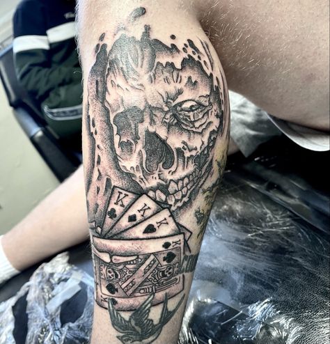 Tattoo of the grim reaper with playing cards. Stipple shaded The Grim, Stippling, Grim Reaper, Skull Tattoo, Playing Cards, Instagram Profile, Tattoos