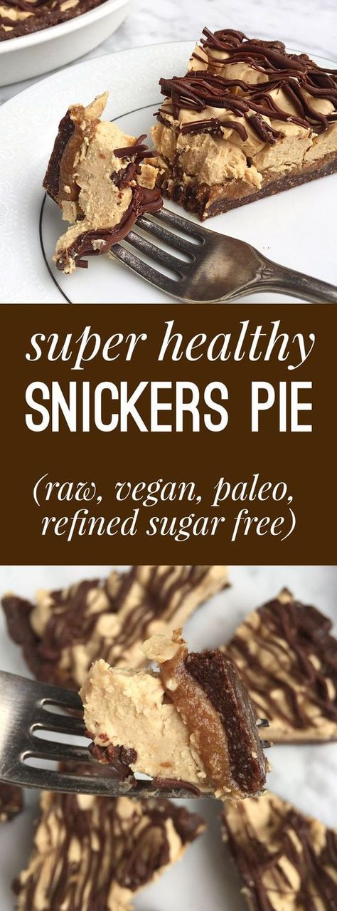 Super Healthy Snickers Pie (Gluten Free, Paleo, Vegan, Raw) Healthy Snickers, Snickers Pie, Weight Watcher Desserts, Raw Vegan Desserts, Paleo Sweets, Desserts Vegan, Raw Desserts, Paleo Vegan, Pie Cake