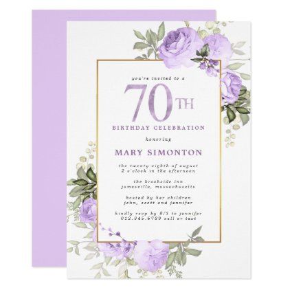 Purple Rose Floral 70th Birthday Party Invitation Purple Text, Sage Green Leaves, Surprise Party Invitations, 60th Birthday Party Invitations, 90th Birthday Parties, 100th Birthday Party, 80th Birthday Invitations, 60th Birthday Invitations, 90's Birthday Party