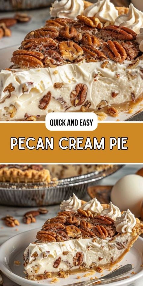 Pecan Cream Pie Pecan Cream Pie Recipe, Pecan Cream Pie, Pecan Filling, Pecan Desserts, Cream Pie Recipes, Rich Desserts, Cream Filling, Pecan Pie Recipe, Pecan Recipes