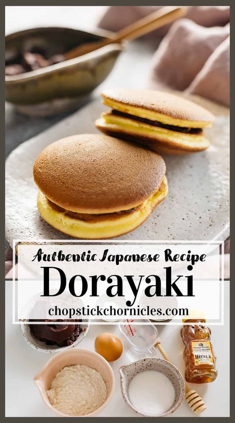 Dorayaki is a popular and classic Japanese snack made from pancakes and red bean paste! It is perfect for a simple snack or treats! Follow the simple recipe and video to learn how to make these Japanese sweets. #Dorayakirecipei #dorayaki #DorayakiJapaneseSweets #japanesesweets Japanese Rice Dessert, Japanese Baked Goods, Japanese Healthy Recipes, Japanese Deserts Recipe, Japanese Snacks Recipe, Japanese Sweets Recipe, Japanese Breakfast Recipes, Authentic Japanese Recipes, Dorayaki Recipe