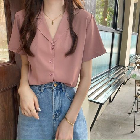 WIKPROM - Short-Sleeve Button-Up V-Neck Shirt | YesStyle Button Ups Aesthetic, Korean Shirt Outfit Women, Short Sleeve Button Down Outfit, Cropped Button Up Shirt Outfit, Button Up Fashion, Women Summer Fashion, Korean Shorts, White Shirts Women, Button Down