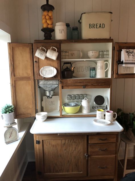 Hoosier Cabinet Coffee Bar Ideas, Hoosier Cabinet Ideas Farmhouse, Hoosier Cabinet Decorating Ideas, Hosier Cabinet, Antique Flour Bin, Antique Hoosier Cabinet, Bin Cabinet, Hoosier Cabinets, Hutch Makeover