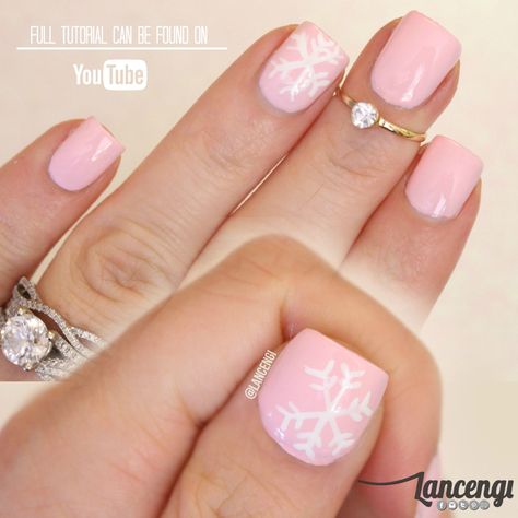 Seriously Saving!!! Pink and White Snowflake Nail Art Design - Lancengi Pink And Blue Snowflake Nails, Snowflake Nail Design Tutorial, Snowflake Nail Art Tutorial, Christmas Toenails, How To Snowflake Nail Art, Snowflakes On Nails How To Paint, Holiday Nails Easy, Holiday Nail Polish, Daily Nails