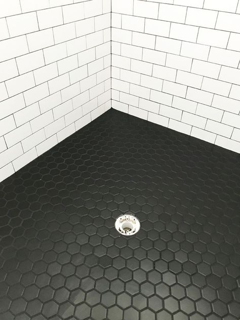 MASTER BATHROOM REMODEL: LUXURY LOOK - The No Rules Home Black Bottom Shower Floor, Black Octagon Tile Bathroom, Black Hexagon Shower Floor, No Door Shower Ideas, Black Hexagon Tile Shower, Black Shower Floor, Honeycomb Tiles Bathroom, Hexagon Shower Tile, Black Hexagon Tile Bathroom