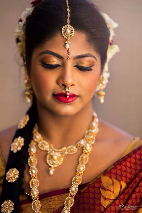 sri lankan bride and groom from around the globe.https://www.tamilvivakam.com Tamil Wedding Makeup, Bharatnatyam Makeup, Srilankan Wedding, Bharatanatyam Poses, Indian Bride Makeup, Tamil Wedding, Hindu Bride, Indian Nose Ring, Mughal Empire