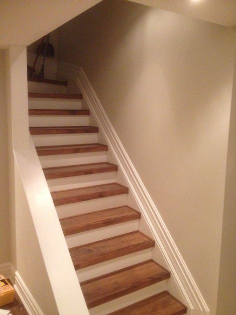 Open banister Stairs Without Banister, Stairs Without Railing, Basement Stair Lighting, Stairs Treads, Banister Remodel, Refinish Stairs, Basement Stairs Remodel, Basement Stair, Basement Stairs Ideas