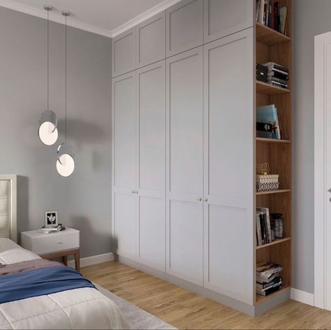 Bedroom And Storage Ideas, Wall Of Cabinets In Bedroom, Side Of Wardrobe Ideas, Wardrobe Behind Door, Wall Of Wardrobes, Small Bedroom With Armoire, Bedroom Wardrobe Ideas For Small Rooms, Bed Closet Ideas, Small Bedroom Fitted Wardrobe Ideas