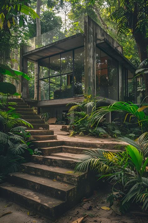 Tiny House Tropical Design, Rainforest House Interior, Rainforest House Aesthetic, Small Jungle House, Eco Modern House, Modern Jungle House, Tropical Minimalist House, Houses In Forest, Japanese Zen House