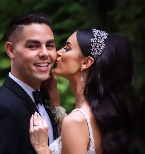 Bride and Groom on wedding day, Handsome groom & gorgeous bride kissing her groom wearing a stunning headband Hairstyles Bride, Gold Hair Accessories Wedding, Bridal Headbands, Headpiece Wedding Hair, Bridal Floral Headpiece, Gold Hair Vine, Elegant Headband, Wedding Hair Head Piece, Wedding Hair Wreath