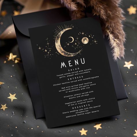 Starry night and crescent moon black and gold wedding menu cards Starry Night Wedding Reception, Starry Night Moon, Night Sky Wedding, Gold Bridal Party, Celestial Wedding Theme, Night Wedding Reception, Galaxy Wedding, Sweet Sixteen Birthday Party Ideas, Black And Gold Wedding