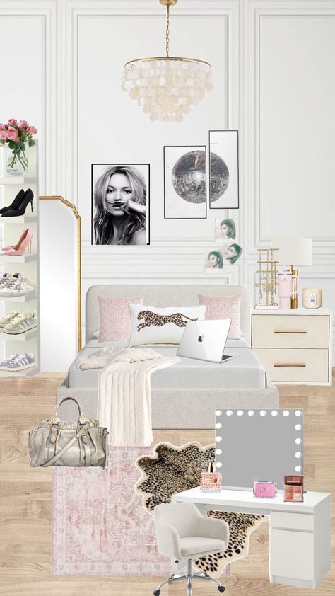 #room #decor #leopardprint Roller Rabbit Room Aesthetic, Cozy White And Gold Bedroom, Cute Chair For Room, Dancer Room Ideas Bedrooms, New York Aesthetic Room Decor, Designer Aesthetic Room, Designer Themed Bedroom, Vouge Room Aesthetic, Vogue Room Ideas