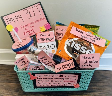 The perfect 30th birthday gift basket complete with all of the essentials to stay young at heart. 💕 30th Basket Gift Ideas, 30 Things For 30th Birthday Gift Baskets, Birthday Gifts For Best Friend 30th, Thirtieth Birthday Gift Ideas, 30th Birthday Gifts For Friend, Turning 30 Gift Basket, 30th Birthday Care Package Ideas, Sister Birthday Basket Ideas, 30th Gift Basket For Her