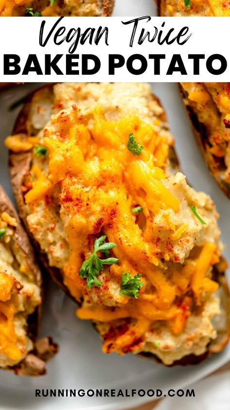 Try this easy and delicious vegan twice baked potatoes recipe for a comforting and flavorful plant-based dish perfect for any occasion. This recipe is dairy-free, gluten-free and easy to make with just 6 simple ingredients. Twice Baked Potato Recipe, Twice Baked Potatoes Recipe, Vegan Baked Potato, Starch Solution Recipes, Running On Real Food, Baked Potato Recipe, Twice Baked Potato, Healthy Vegan Breakfast, Vegan Baked