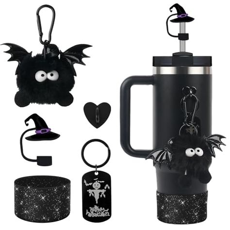 BELSITA Halloween Stanley Cup Accessories Set, Black Cartoon Devil Brid Witch Hat Straw Cap Design Water Bottle Decoration, Silicone Stanley Cup Boot, Stanley Charms for Stanley Cup 30/40oz Tumble Water Bottle Design, Black Cartoon, Stanley Cup, Decorated Water Bottles, Cap Design, Witch Hat, Tumbling, Spirit Halloween, Straw