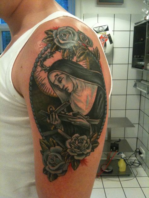 Saint Rita left arm done Saint Rita, Cross Tattoo, Tattoos