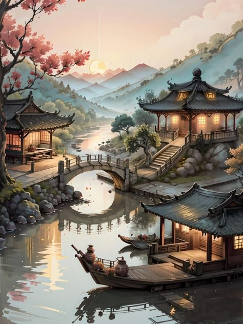 Anime Architecture, Art Buildings, Japanese Village, House Illustration, Architecture Painting, Vertical Poster, Fantasy House, Fantasy Places, Chinese Architecture