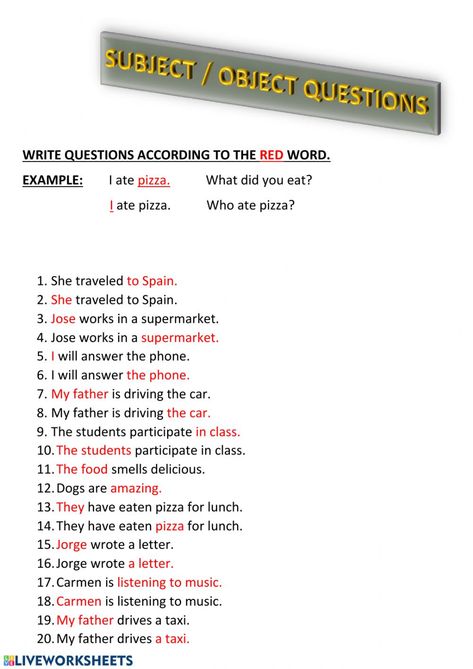 Object-Subject questions worksheet Parts Of A Sentence, Subject Object, Teaching Vocabulary, Esl Resources, Red Words, English Worksheets For Kids, English Teaching, Did You Eat, English As A Second Language (esl)