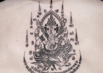 Sak Yant Traditional Thai Tattoos - All Day Tattoo Studio in Bangkok Thai Tattoos, Traditional Thai Tattoo, Hindu Tattoos, Hindu Tattoo, Bamboo Tattoo, Sak Yant Tattoo, Elephant Tattoo Design, Ganesha Tattoo, Sak Yant